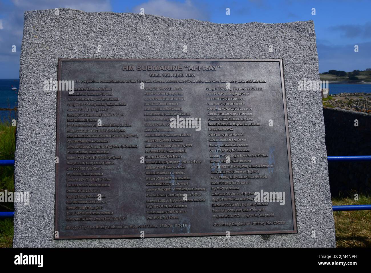 Memorial to those who persihed in HMS Affray on April 16th 1951, situated in Braye Harbour,, Alderney, Channel Islands, Great Britain, June 2022. Stock Photo