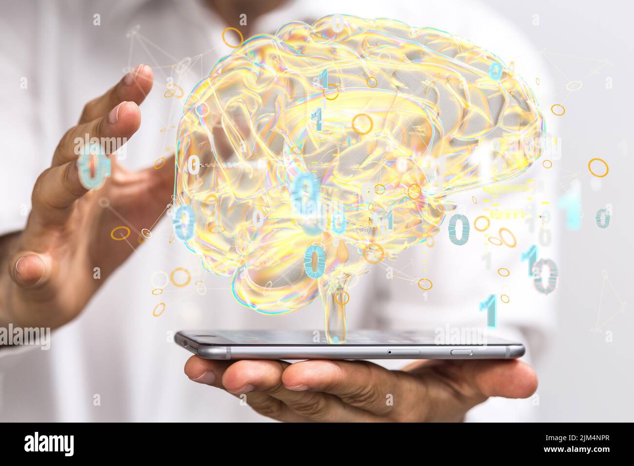 A 3D rendering of digital brain in front of a male holding smartphone ...