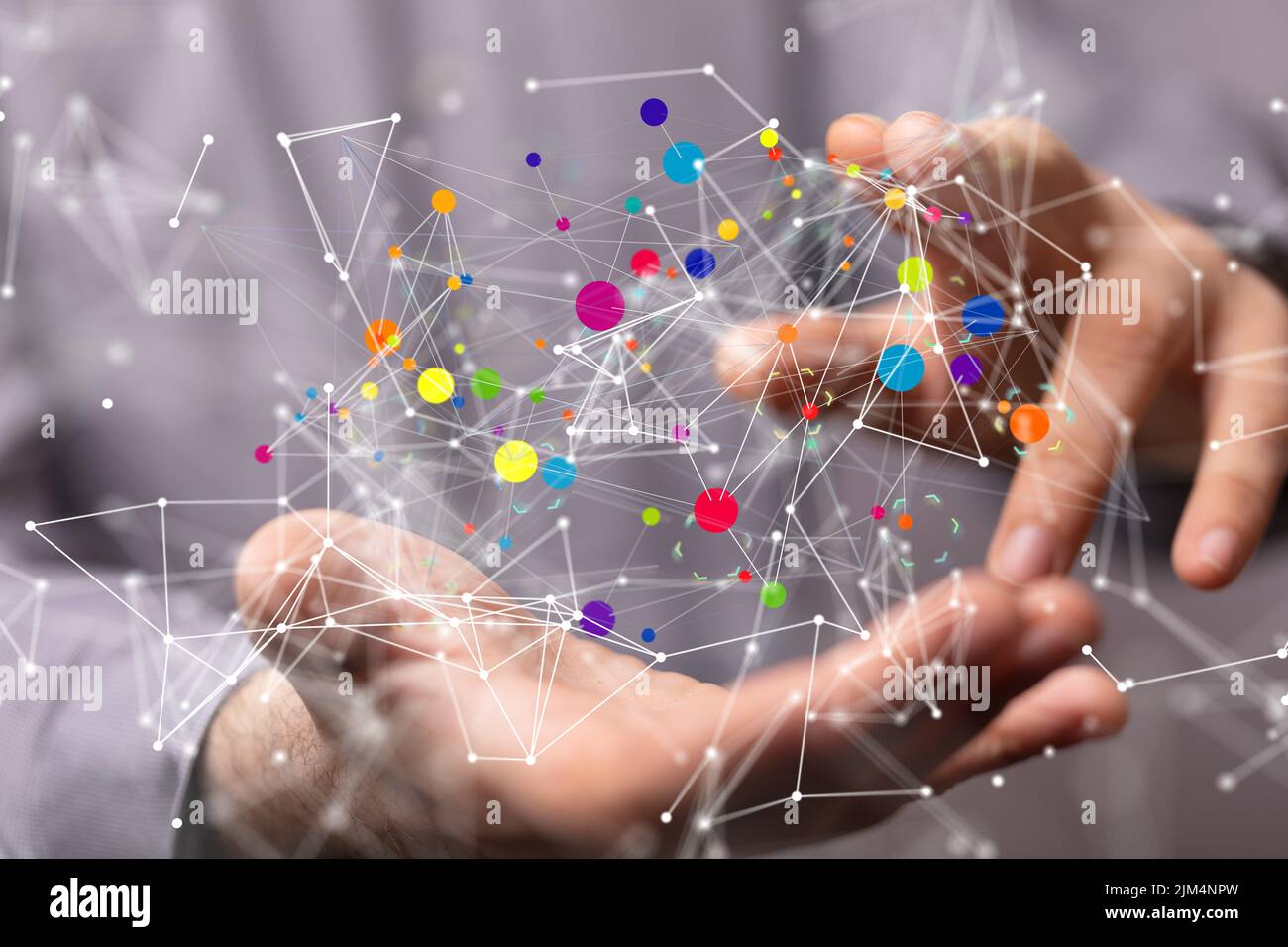 A 3D rendered data connected to each other held in a person's hand ...