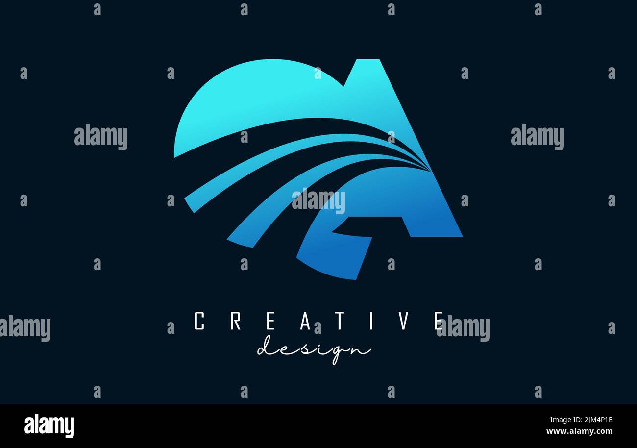 Creative blue letter QA q a logo with leading lines and road concept ...