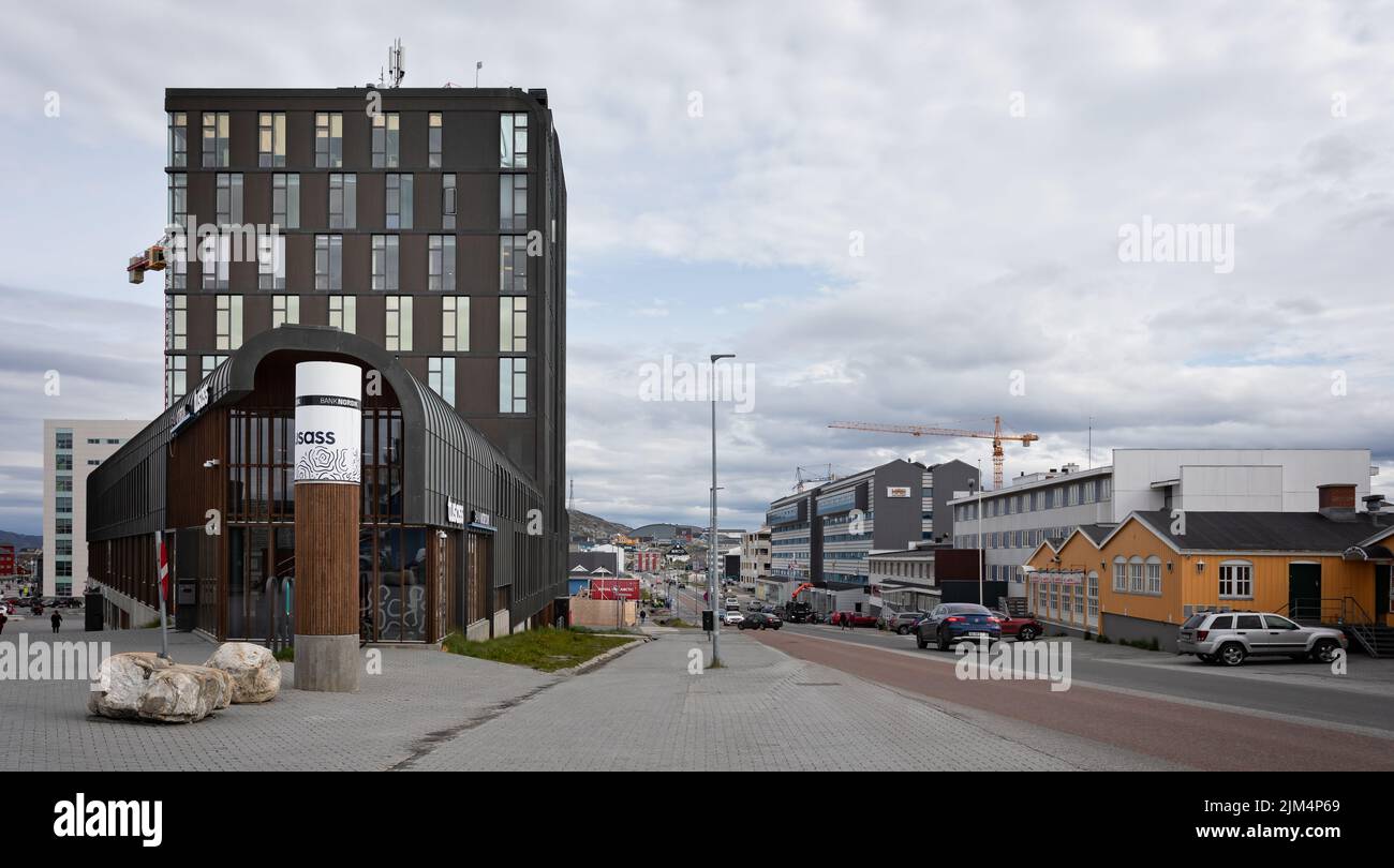 Shops and businesses on Aqqusinersuaq, in Nuuk, Greenland, on 20 July 2022 Stock Photo