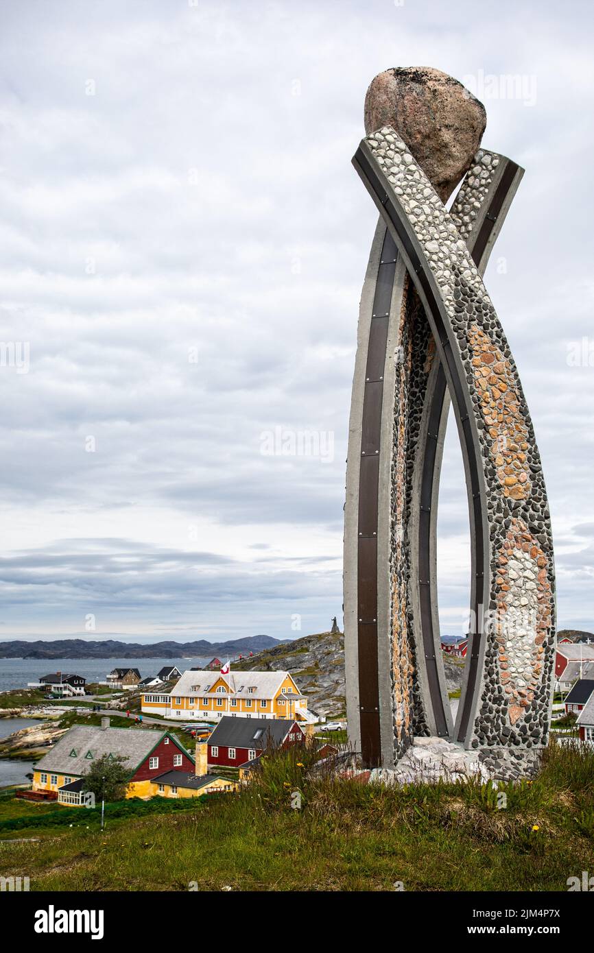 Inussuk sculpture by Niels Molfedt above the waterfront in Nuuk, Greenland on 20 July 2022 Stock Photo