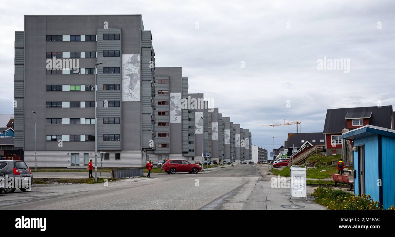 Row of modern apartment blocks on Tuapanguit in Nuuk, Greenland on 20 July 2022 Stock Photo
