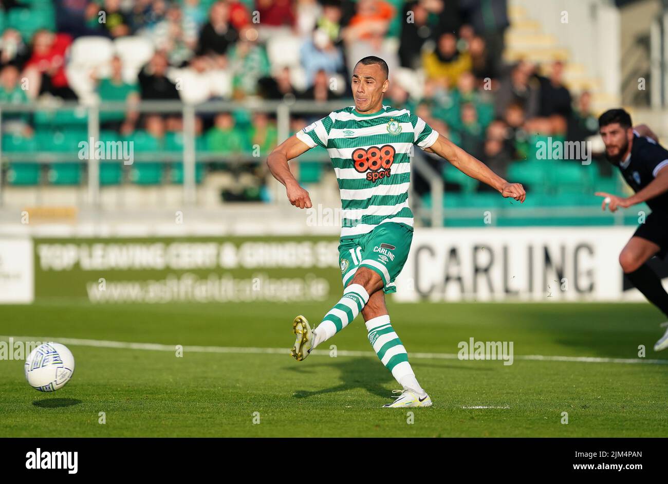 Shamrock Rovers' Graham Burke shoots from the penalty spot to score his side's first goal during the UEFA Europa League third qualifying round, first leg match at the Tallaght Stadium in Dublin, Ireland. Picture date: Thursday August 4, 2022. Stock Photo