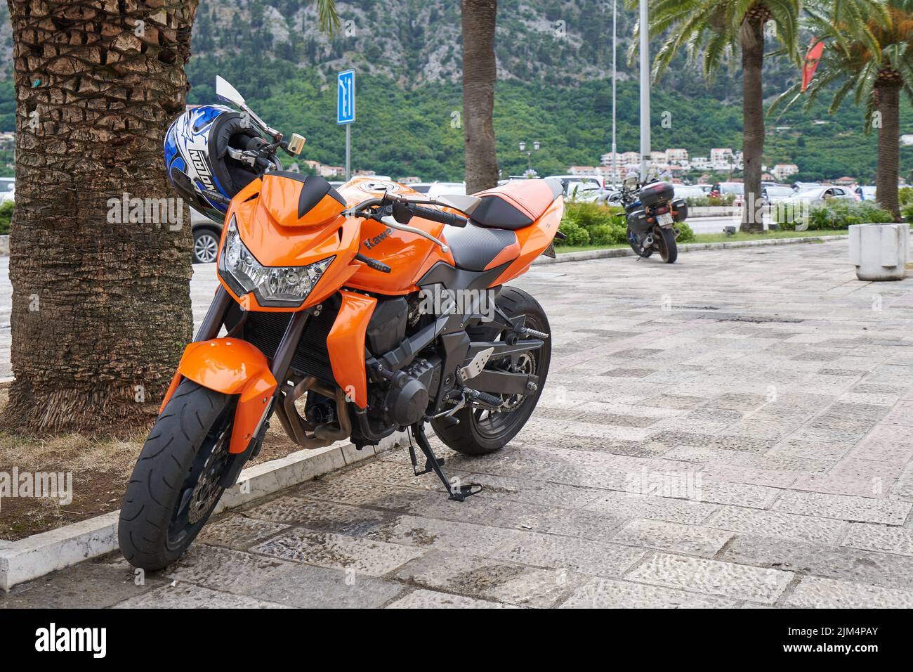 Parked orange motorcycle of Kawasaki Z750 Stock Photo