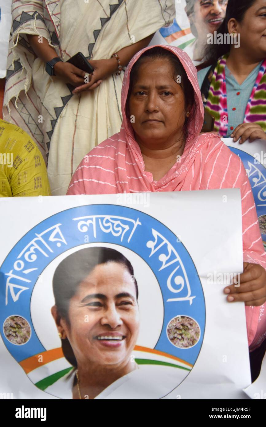 Kolkata, India. 04th Aug, 2022. Mafuja Khatun, BJP Vice-president at the sit-in demonstration by Bharatiya Janata Party (BJP) to protest against the West Bengal school recruitment scam & alleged institutionalised corruption across West Bengal. (Photo by Biswarup Ganguly/Pacific Press) Credit: Pacific Press Media Production Corp./Alamy Live News Stock Photo