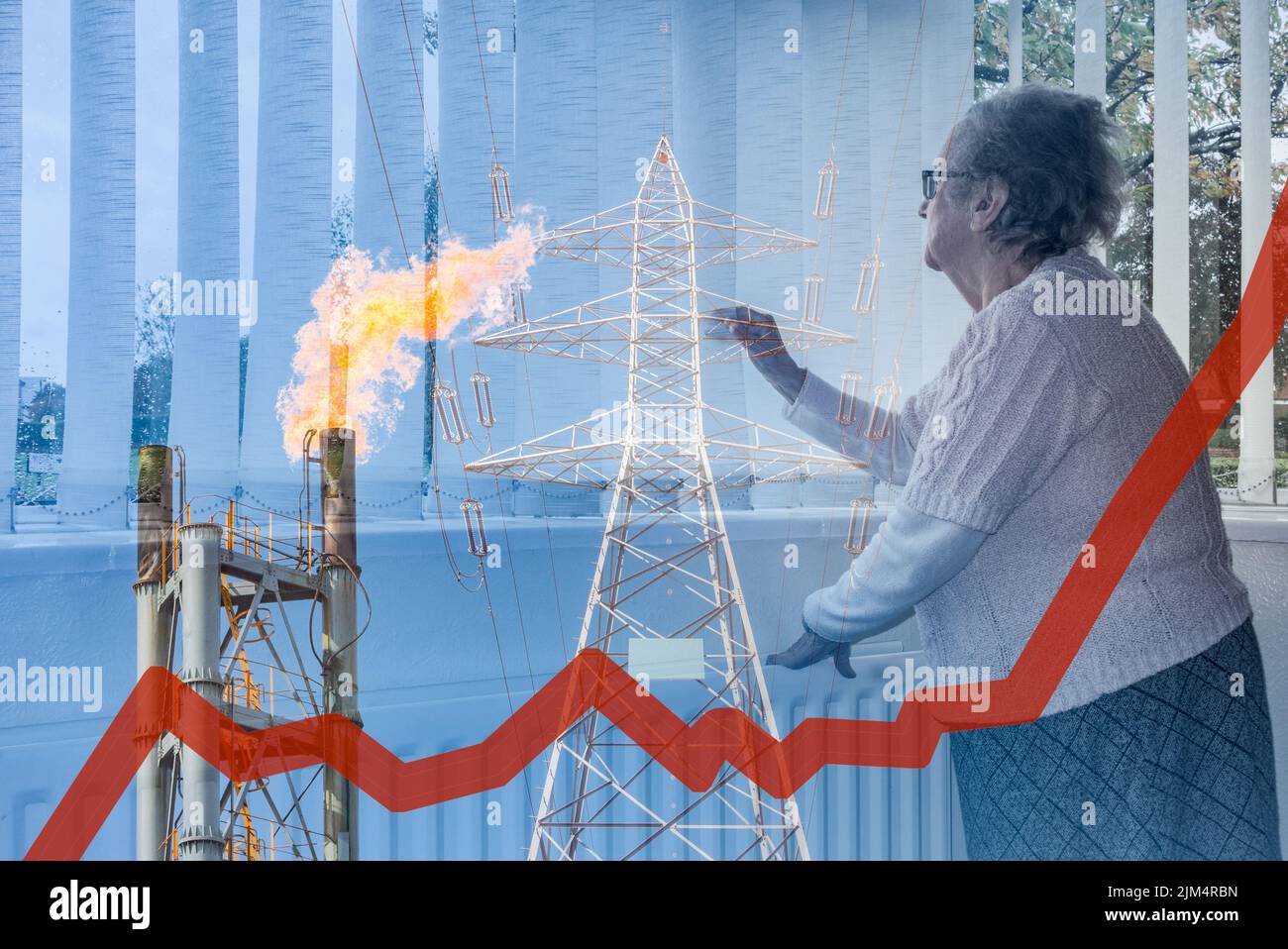 90 year old woman looking out of window with hand on radiator. Electricity pylon and industrial gas flare chimney image blended. energy crisis concept Stock Photo