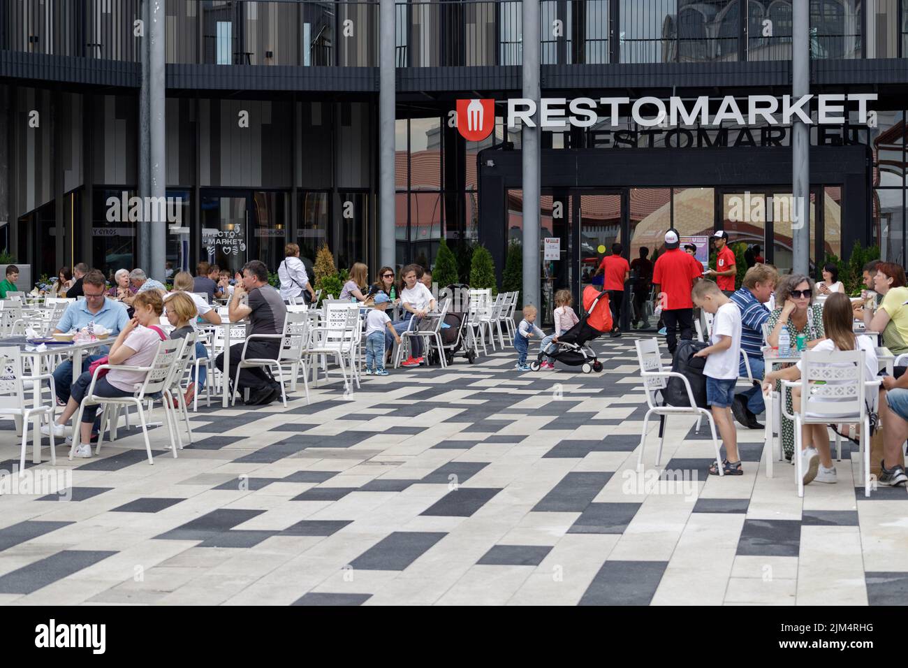 Moscow, Russia, 2022.07.09. Popular recreation park VDNKh. Facade of Restomarket. Cafe, take out food and drink. Food delivery and fast food concept. Stock Photo