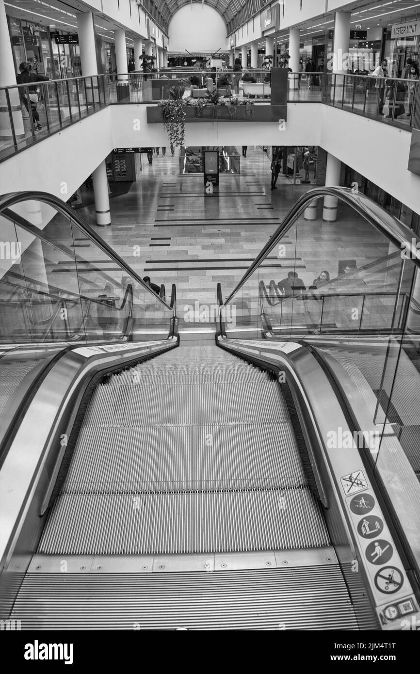 Cologne shopping center called Koeln arcaden, black and white photo Stock Photo