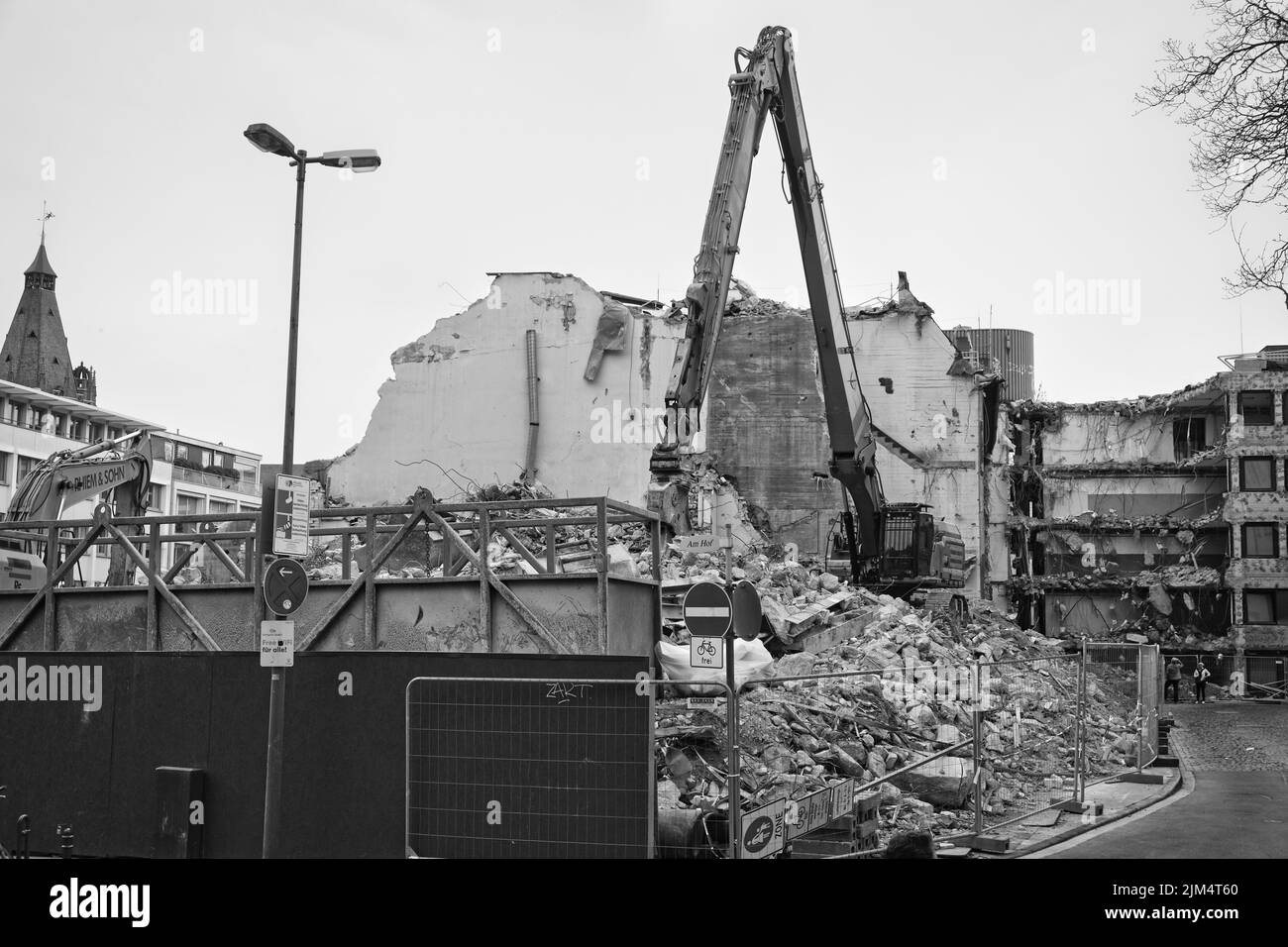 Demolition work in Cologne city center near the Cologne Cathedral, black and white phpto Stock Photo