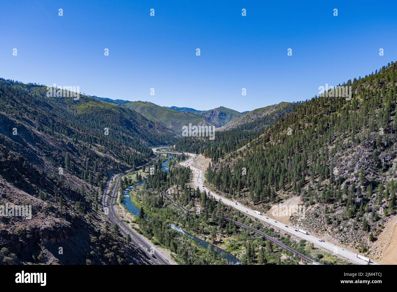 Interstate 80 and the Union Pacific Railroad crosses the Truckee River in northern California. Stock Photo
