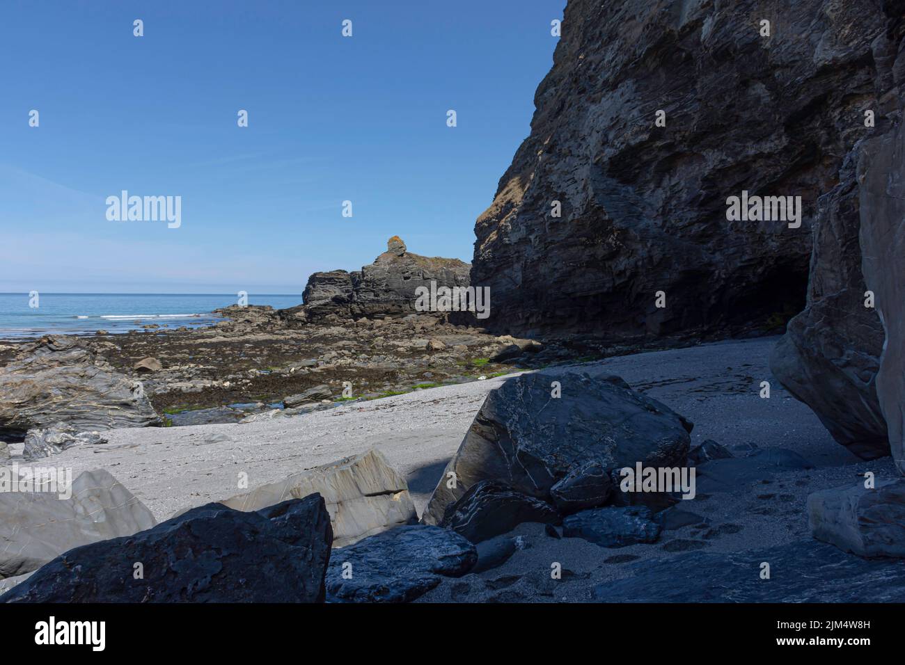 Rocky beach on Cornwall coast.Beautiful landscape scene. Stock Photo