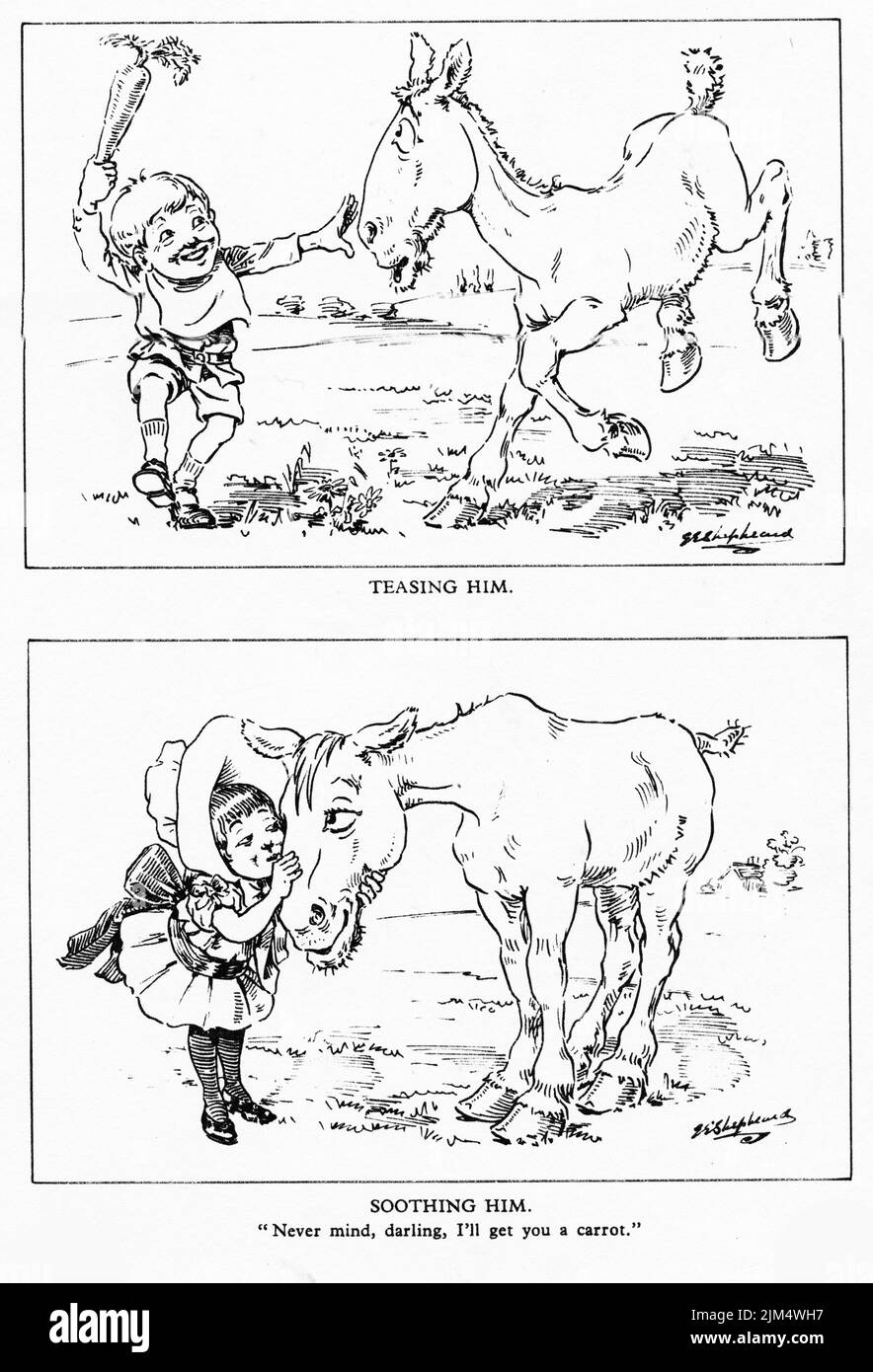 Cartoon style illustration of two children treating a horse unkindly and then nicely Stock Photo