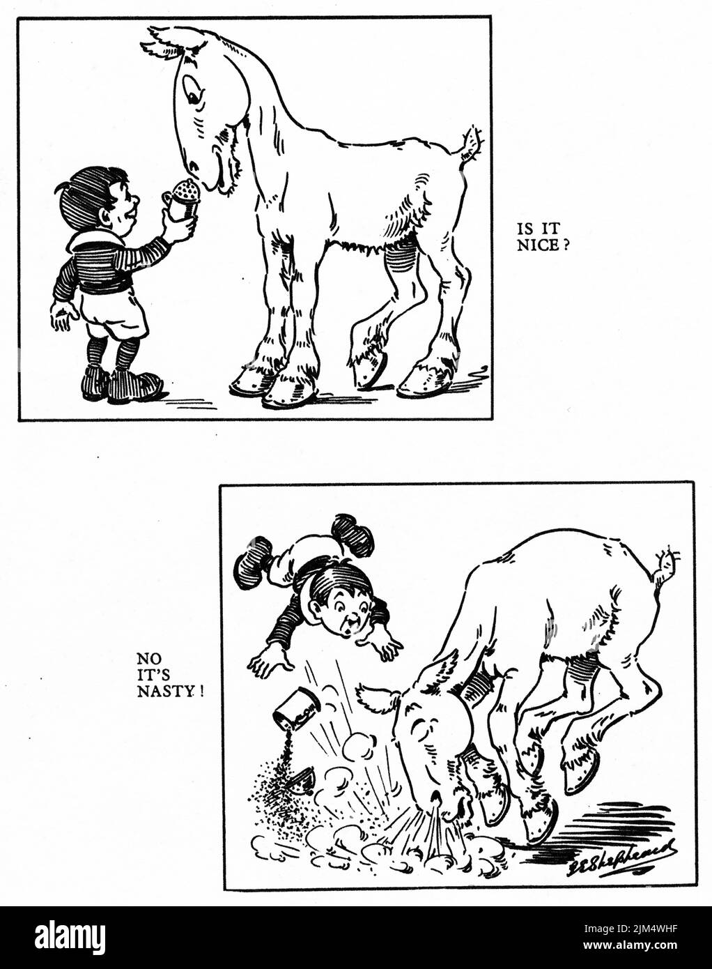 Cartoon of a mischievous boy holding pepper up to a horse's nose, making the horse sneeze violently Stock Photo