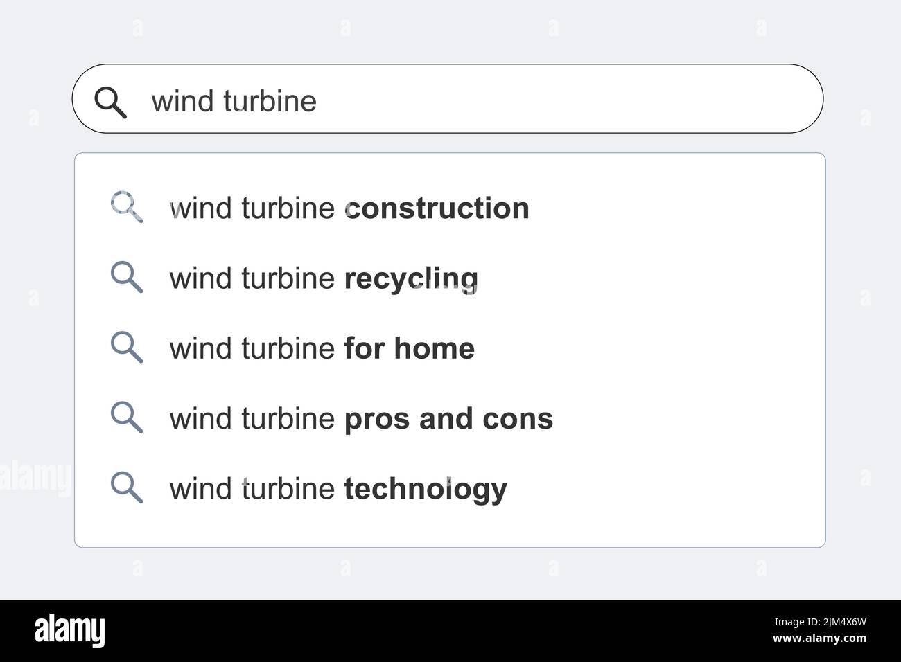 Wind turbine search results. Wind energy topic online search autocomplete suggestions. Stock Vector