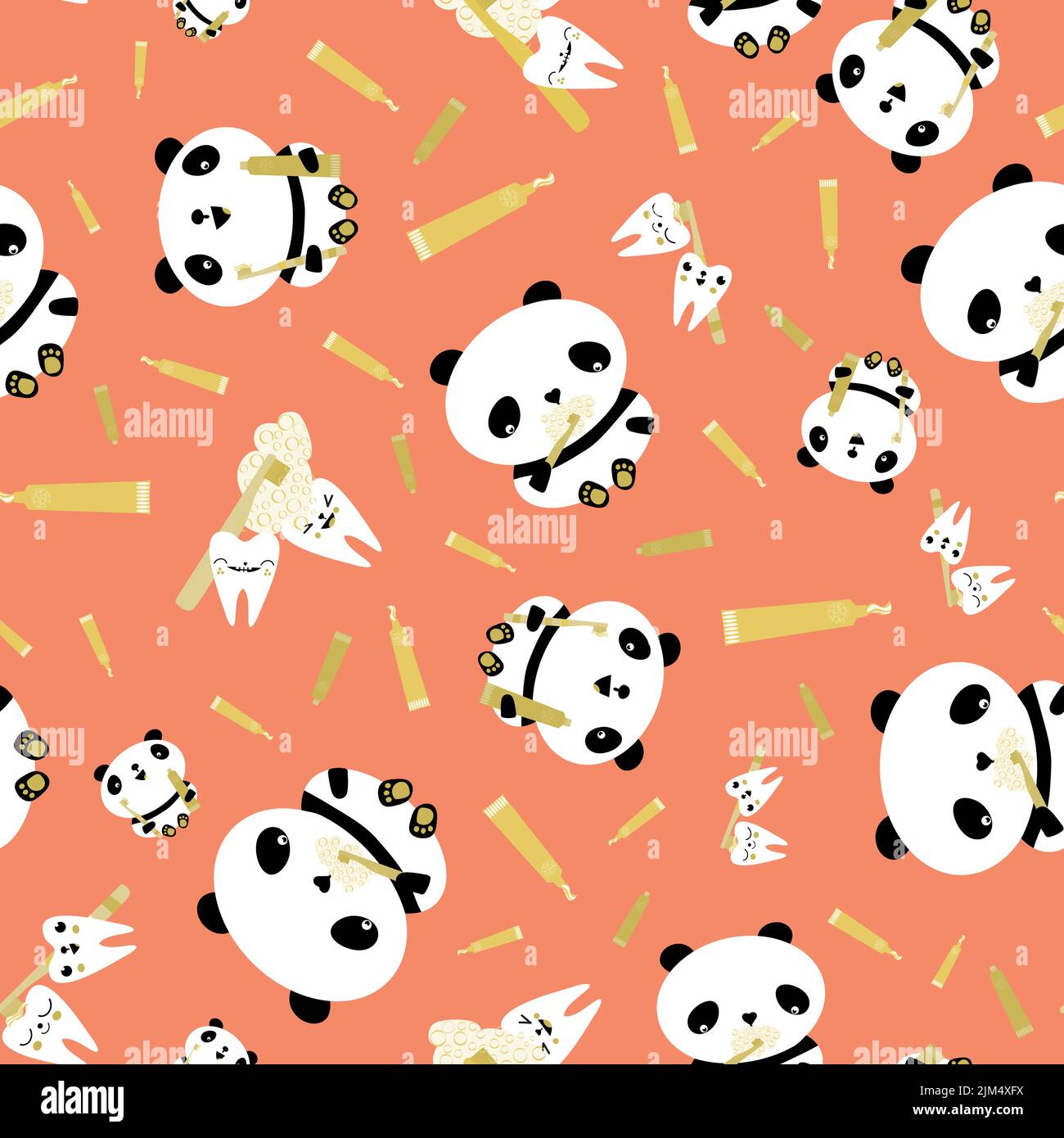 Kawaii panda kids dental health care vector educational seamless
