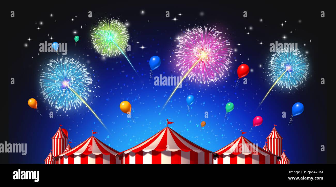 Circus night big top tent event party with fireworks as an evening partying celebration festival. Stock Photo