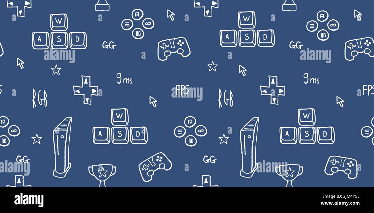 Video game seamless pattern. Gaming concept vector illustration. Gamer doodle with WASD keys and gaming equipment. Stock Vector