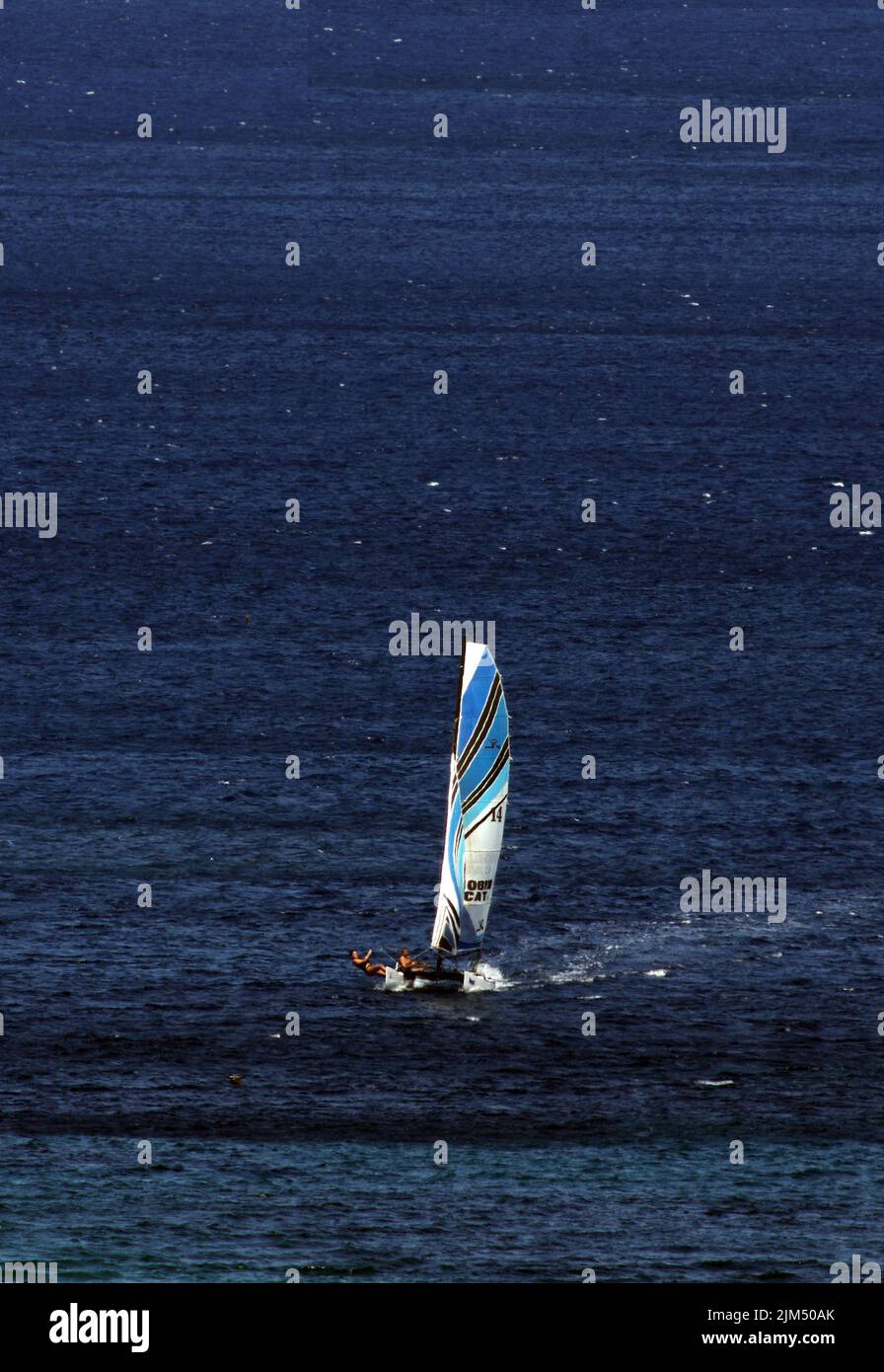 Hobie-cat boat sailing in front of Palau, Sardinia, Italy Stock Photo