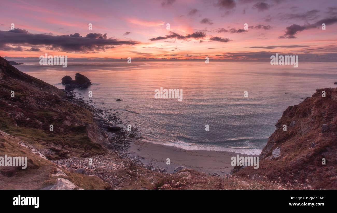 Sunset over Cornwall coast.Beautiful landscape scenery. Stock Photo
