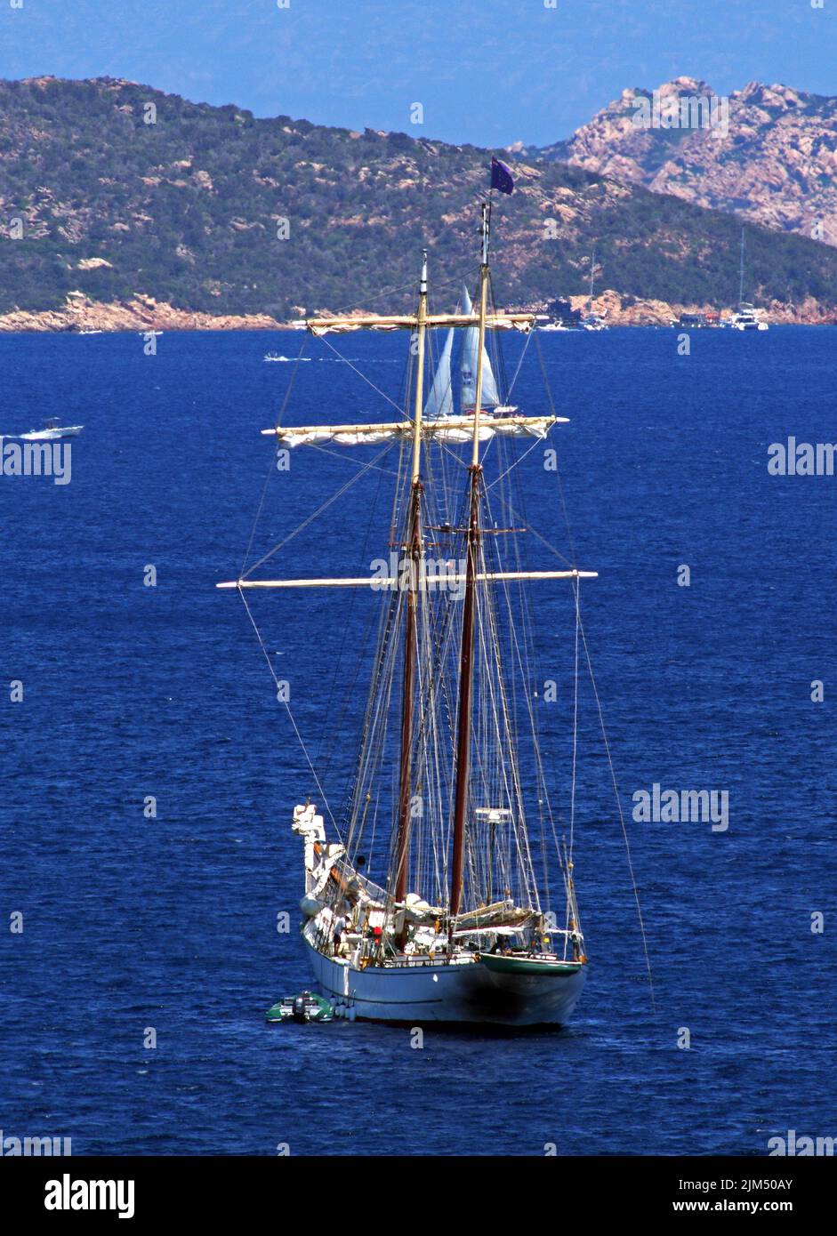 Luxury sailboat 'Sir Thomas Baden Paowell' anchoring at Porto Rafael Bay, Palau, Sardinai, Italy Stock Photo