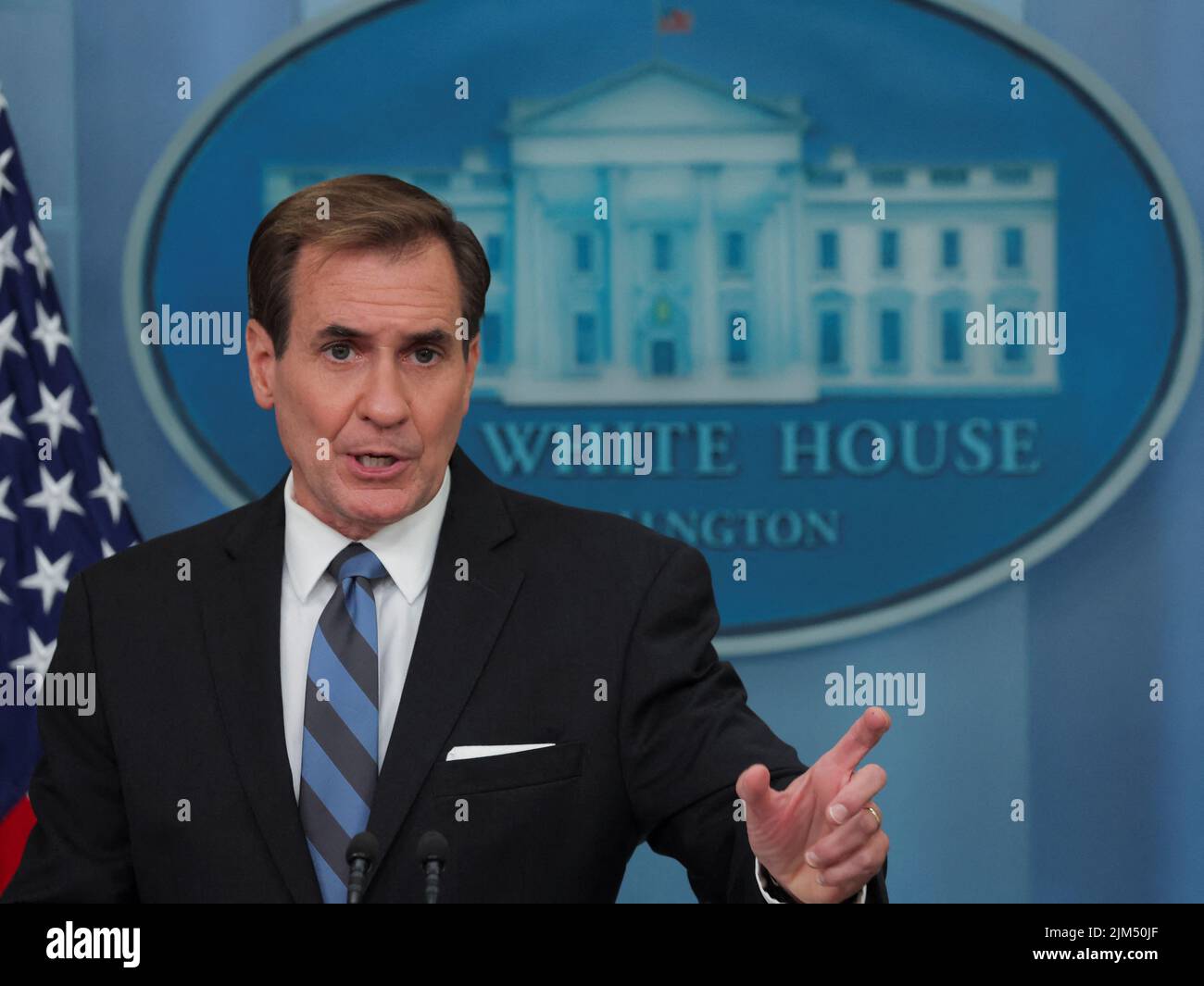 U.S. White House National Security Council Coordinator for Strategic Communications John Kirby answers questions about the conviction and sentencing of American WNBA basketball player Brittney Griner in a Russian court for drug smuggling, during a news briefing at the White House in Washington, U.S. August 4, 2022.  REUTERS/Jim Bourg Stock Photo