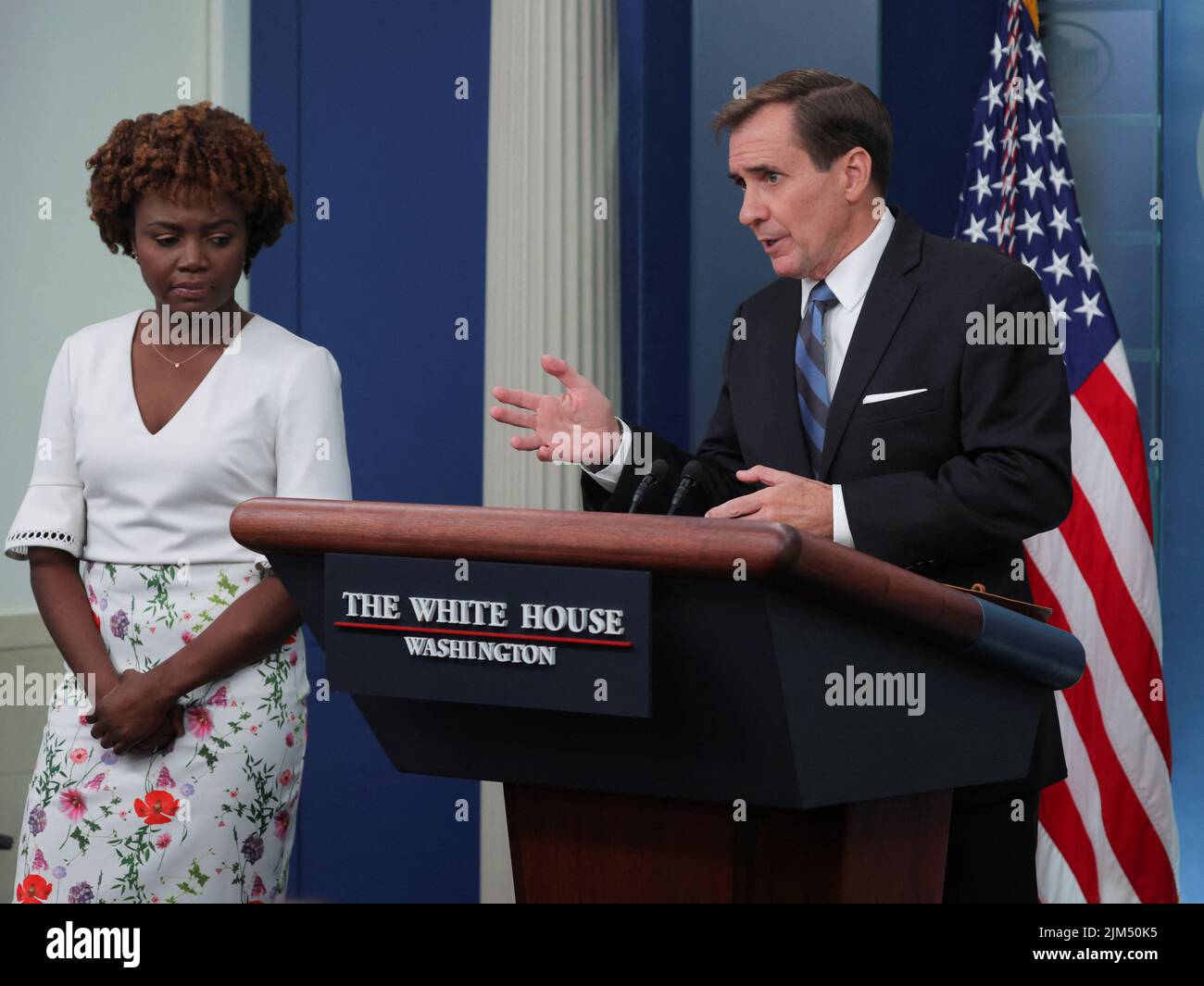 U.S. White House National Security Council Coordinator for Strategic Communications John Kirby and White House Press Secretary Karine Jean-Pierre answer questions about the conviction and sentencing of American WNBA basketball player Brittney Griner in a Russian court for drug smuggling, during a news briefing at the White House in Washington, U.S. August 4, 2022.  REUTERS/Jim Bourg Stock Photo