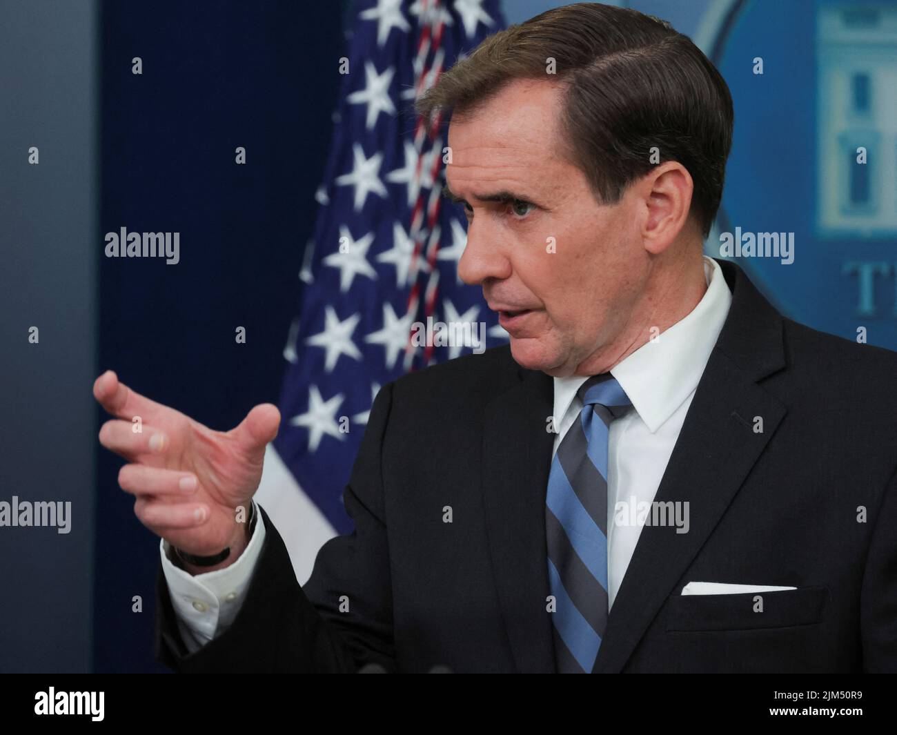 U.S. White House National Security Council Coordinator for Strategic Communications John Kirby answers a question about the conviction and sentencing of American WNBA basketball player Brittney Griner in a Russian court for drug smuggling, during a news briefing at the White House in Washington, U.S. August 4, 2022.  REUTERS/Jim Bourg Stock Photo
