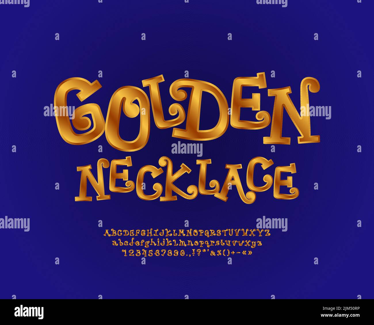 Cartoon funny sign Golden Necklace with curly font. Hand drawn font set with alphabet letters and numbers Stock Vector