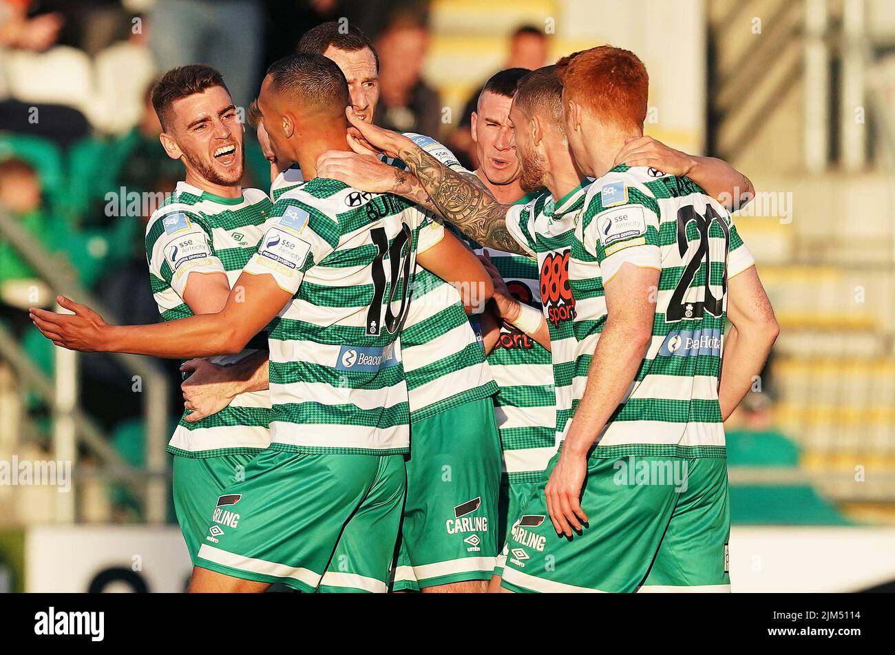 Shamrock Rovers' Dylan Watts (left) celebrates scoring his side's second goal during the UEFA Europa League third qualifying round, first leg match at the Tallaght Stadium in Dublin, Ireland. Picture date: Thursday August 4, 2022. Stock Photo