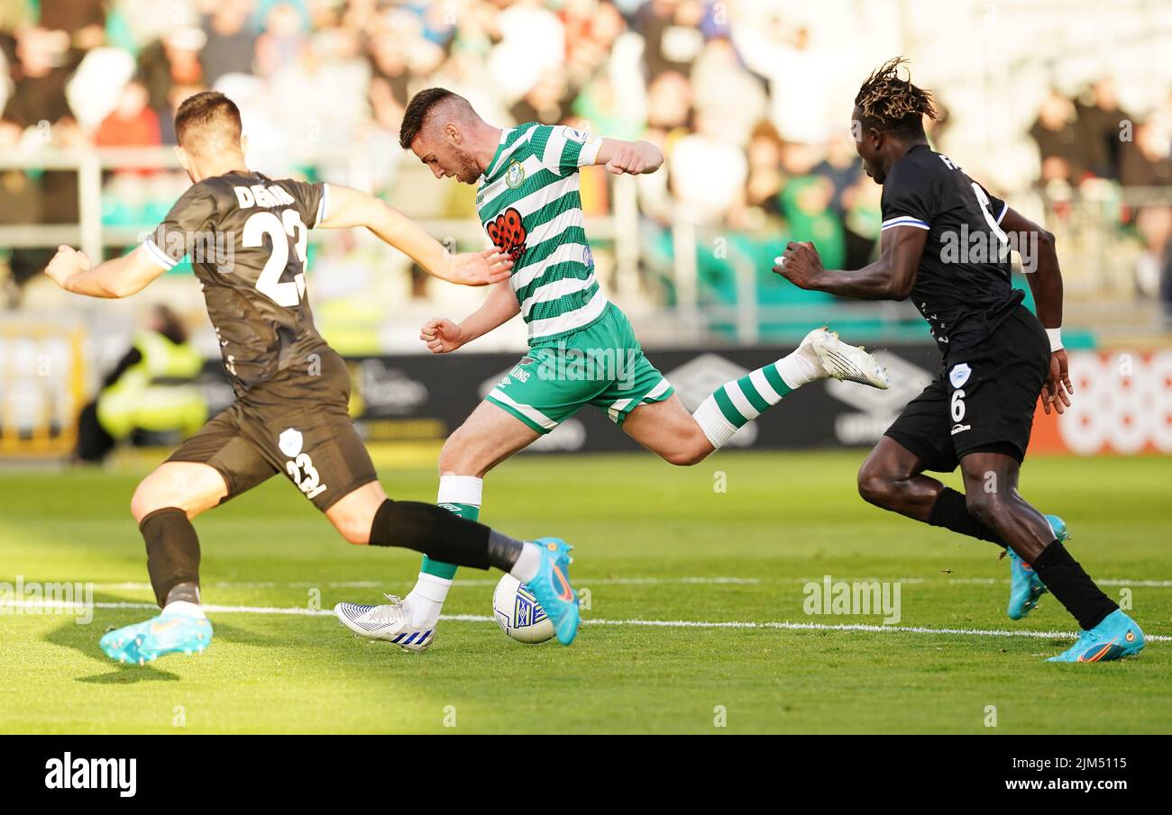 Shamrock Rovers' Dylan Watts shoots to score his side's second goal during the UEFA Europa League third qualifying round, first leg match at the Tallaght Stadium in Dublin, Ireland. Picture date: Thursday August 4, 2022. Stock Photo