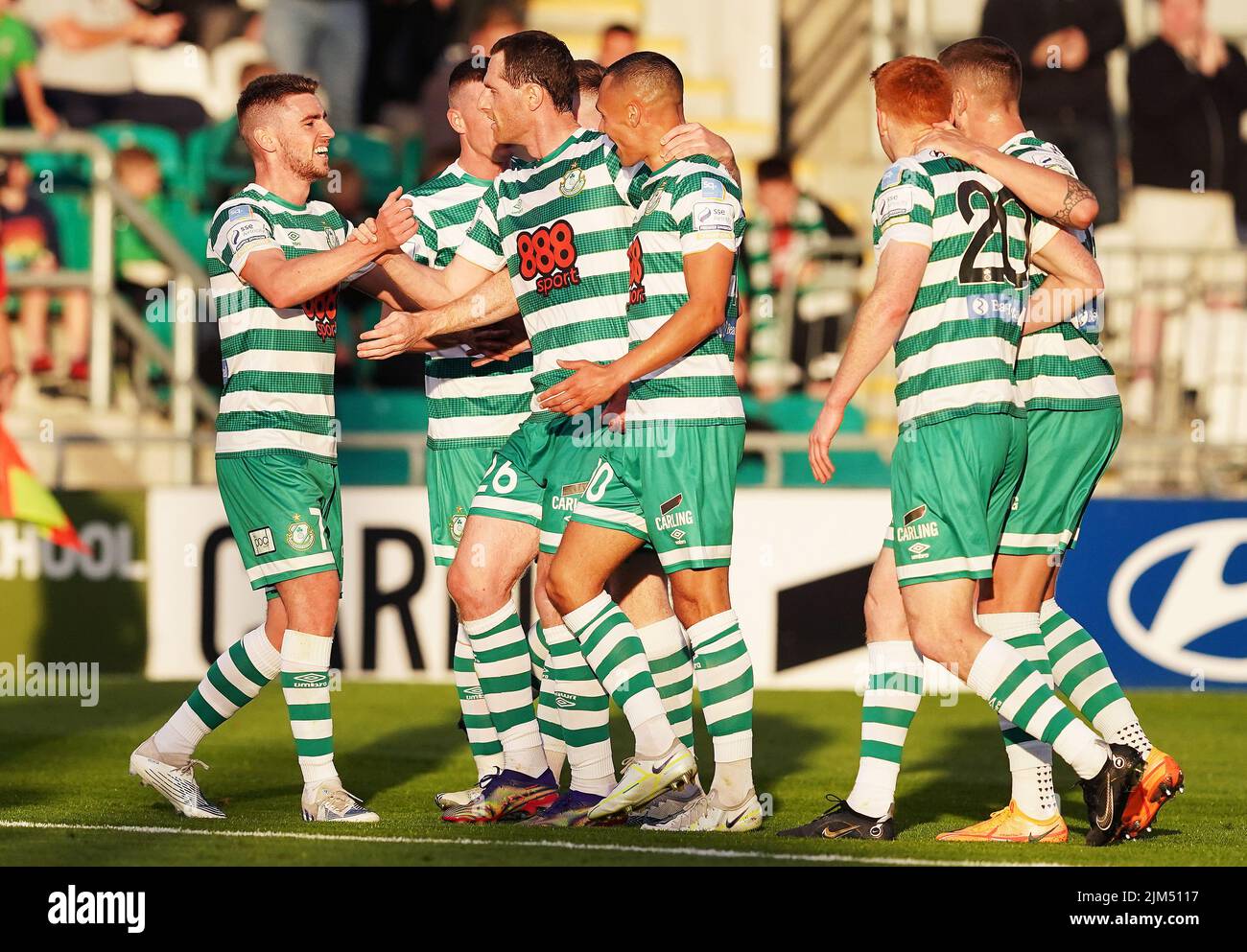 Shamrock Rovers' Dylan Watts (left) celebrates scoring his side's second goal during the UEFA Europa League third qualifying round, first leg match at the Tallaght Stadium in Dublin, Ireland. Picture date: Thursday August 4, 2022. Stock Photo