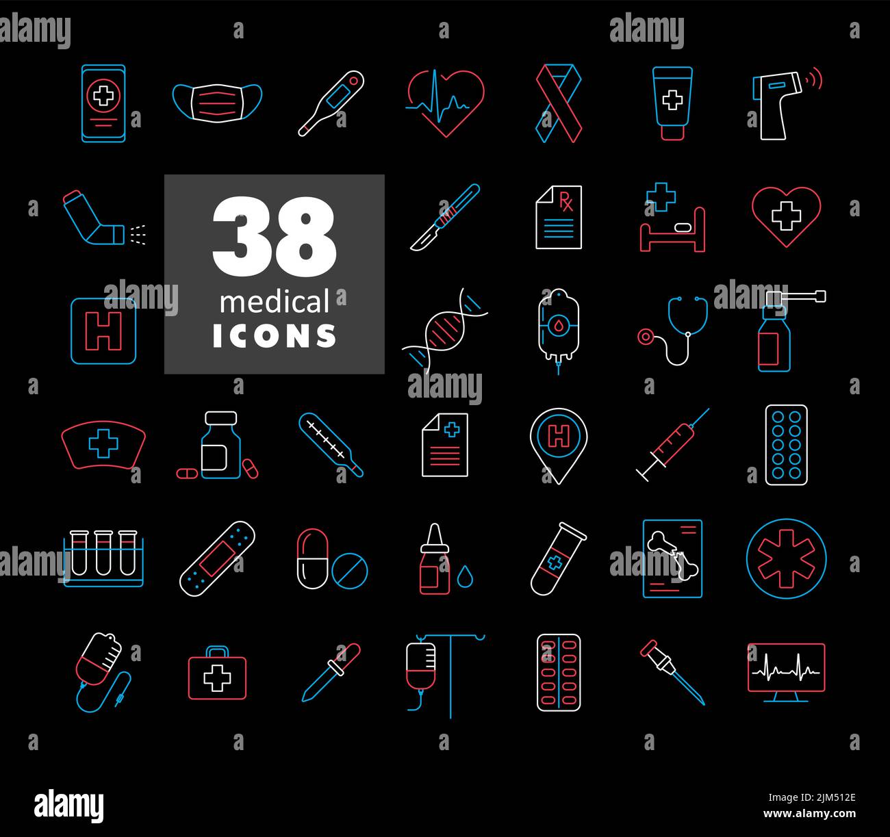 Medical vector icons set on black background. Medicine and healthcare ...