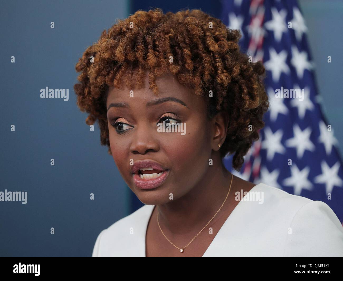 U.S. White House Press Secretary Karine Jean-Pierre answers questions during a news briefing at the White House in Washington, U.S. August 4, 2022.  REUTERS/Jim Bourg Stock Photo
