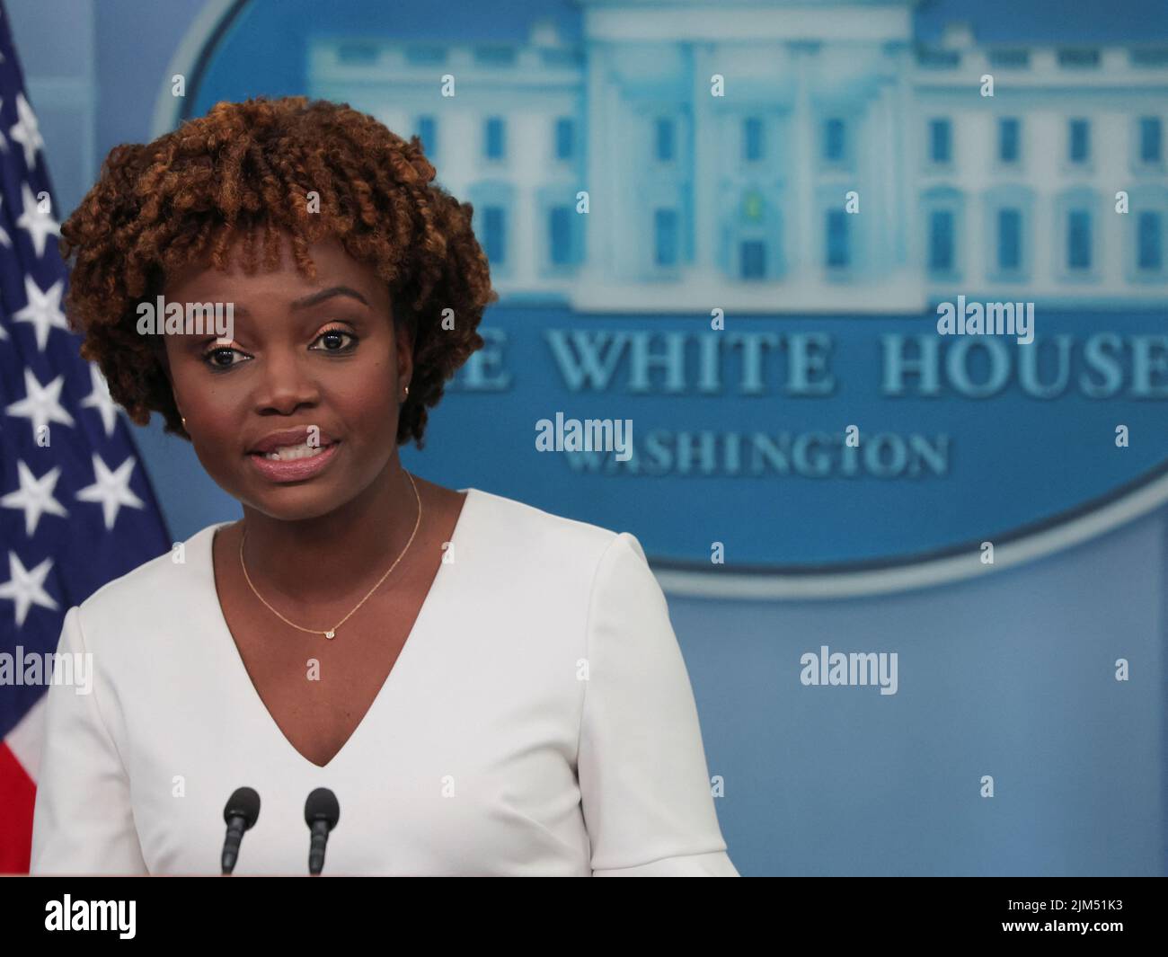 U.S. White House Press Secretary Karine Jean-Pierre answers questions during a news briefing at the White House in Washington, U.S. August 4, 2022.  REUTERS/Jim Bourg Stock Photo