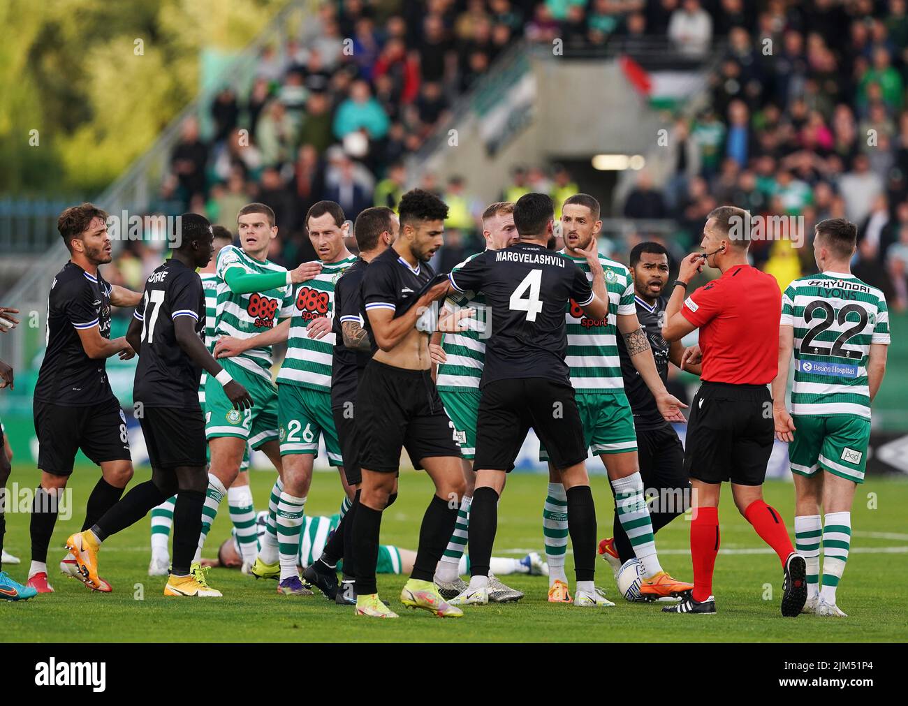 Players from both sides confront each other during the UEFA Europa League third qualifying round, first leg match at the Tallaght Stadium in Dublin, Ireland. Picture date: Thursday August 4, 2022. Stock Photo