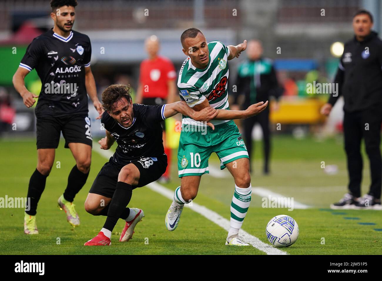 Shamrock Rovers' Graham Burke in action against Shkupi's Queven Da Silva Inacio during the UEFA Europa League third qualifying round, first leg match at the Tallaght Stadium in Dublin, Ireland. Picture date: Thursday August 4, 2022. Stock Photo