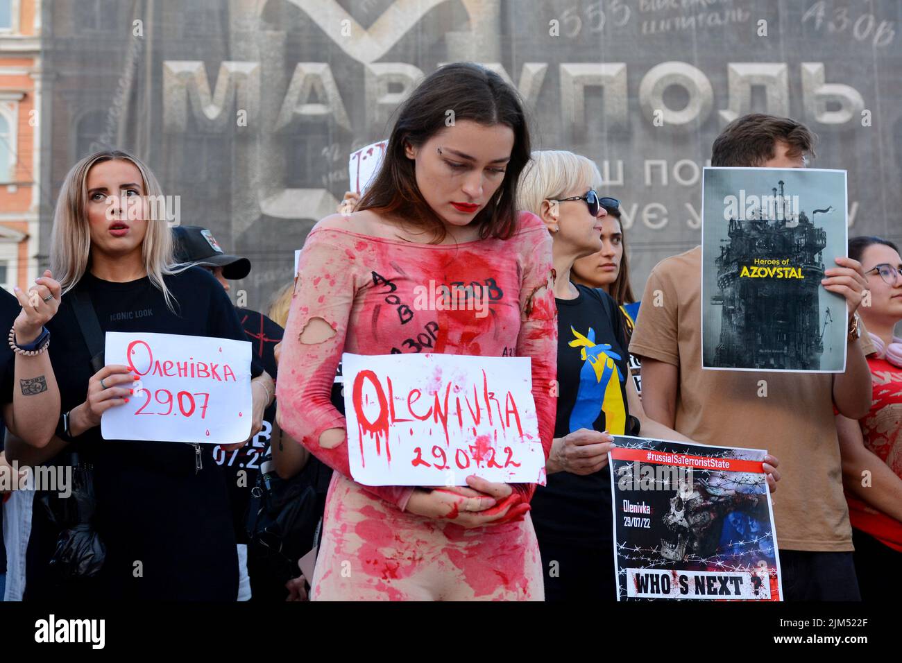 Kyiv, Ukraine. 04th Aug, 2022. Protesters Hold Placards Expressing 