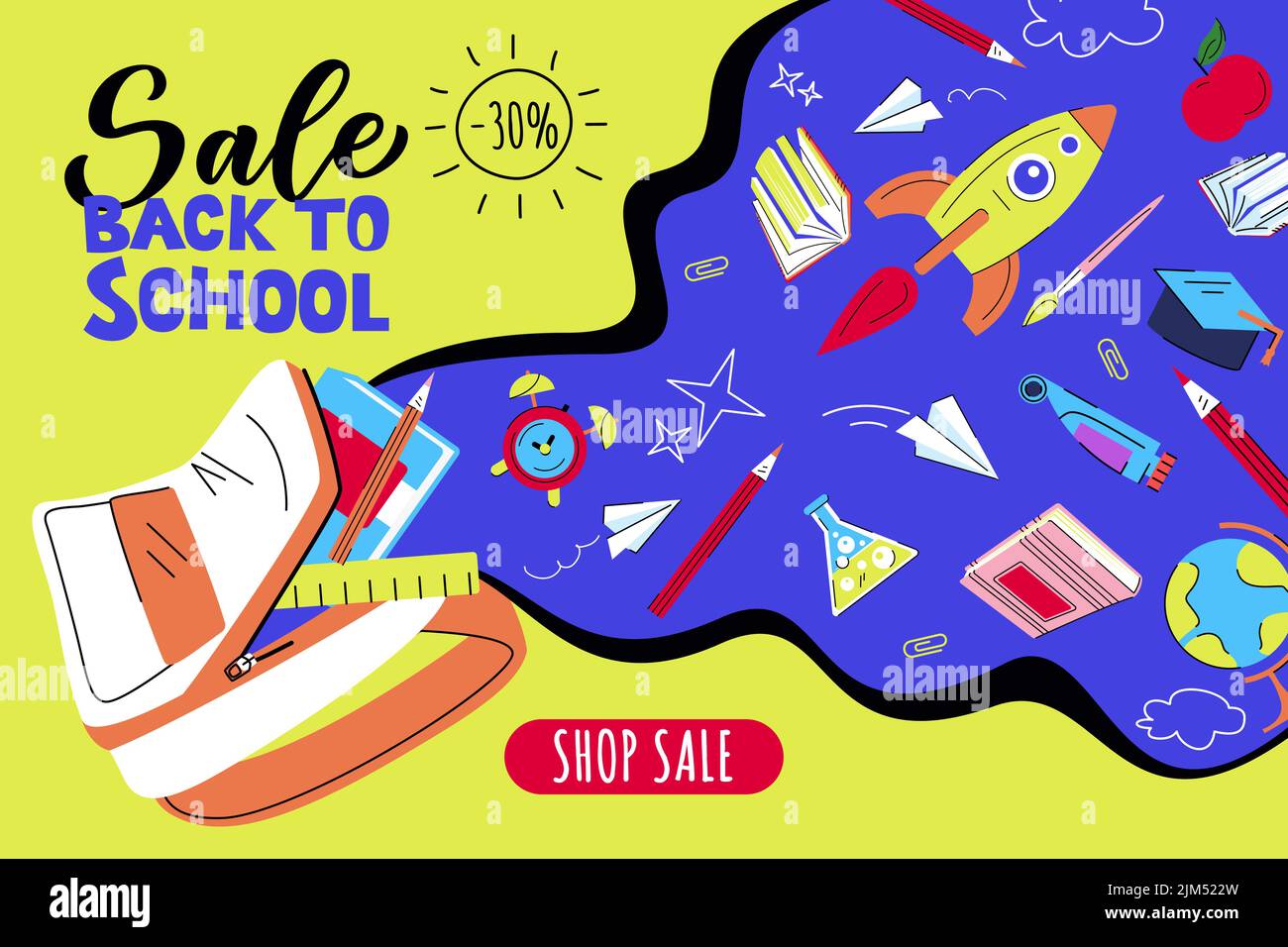Back to school sale banner or poster design template. Open school backpack on blue liquid