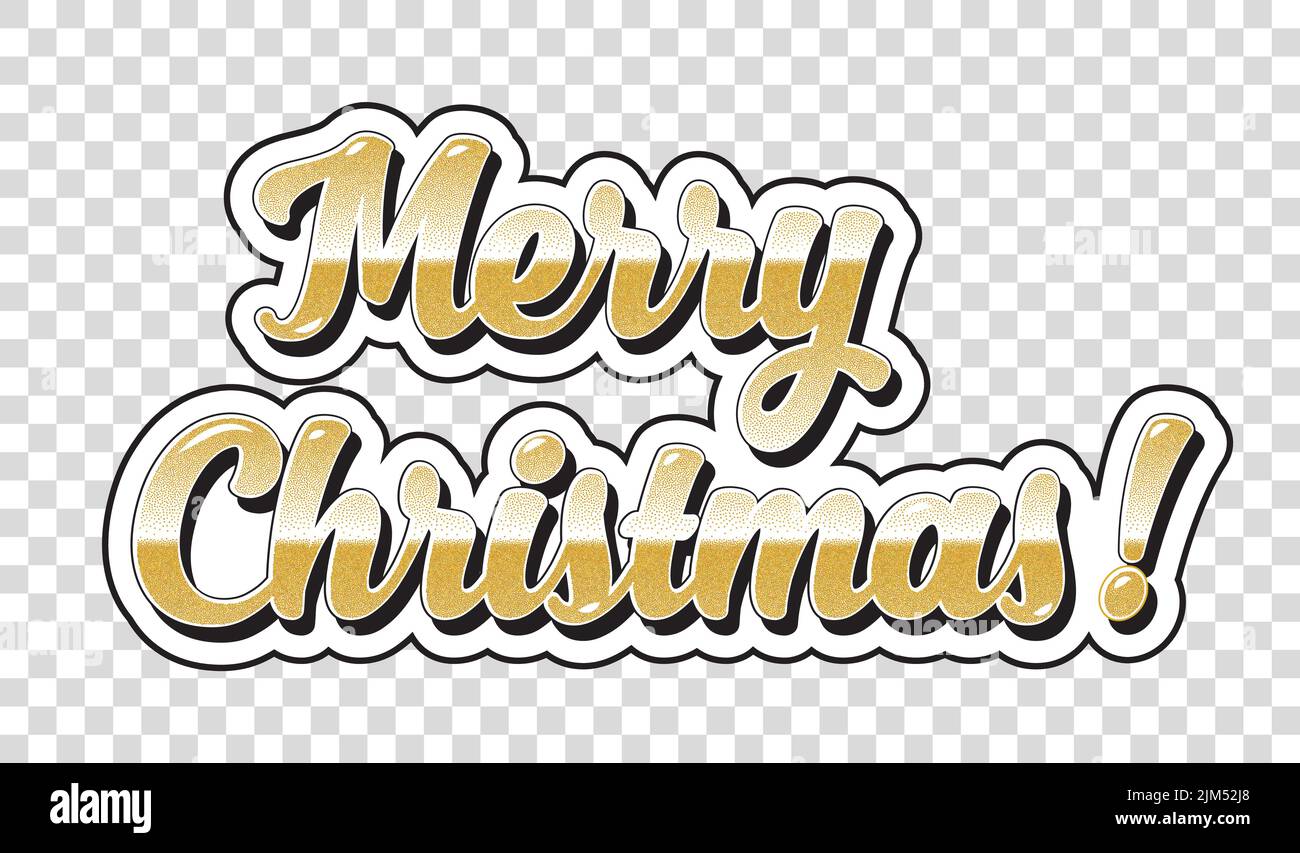 Merry Christmas stippled effect sticker, in gold with black shadow and isolated on transparent effect background. EPS10 vector format Stock Vector