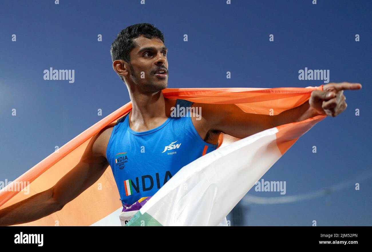 India's Murali Sreeshankar celebrates winning silver in the Men's Long Jump Final at Alexander Stadium on day seven of the 2022 Commonwealth Games in Birmingham. Picture date: Thursday August 4, 2022. Stock Photo