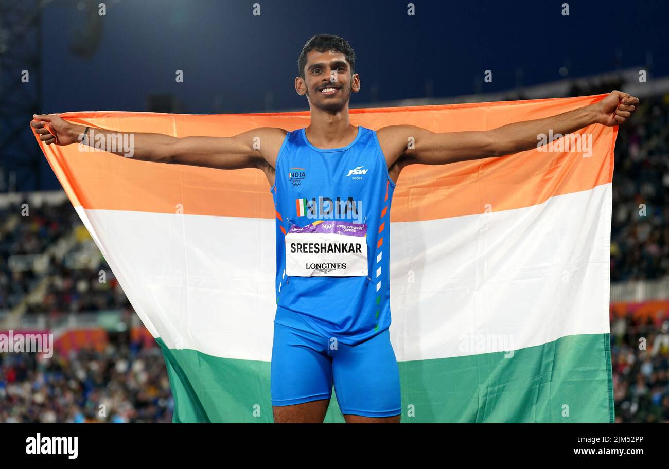India's Murali Sreeshankar celebrates winning silver in the Men's Long Jump Final at Alexander Stadium on day seven of the 2022 Commonwealth Games in Birmingham. Picture date: Thursday August 4, 2022. Stock Photo