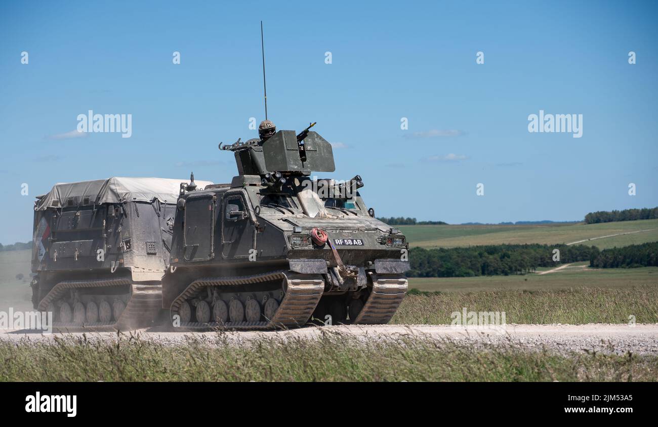detailed closeup of a British Army BvS10 Viking all terrain armoured vehicle in action on a military exercise Stock Photo