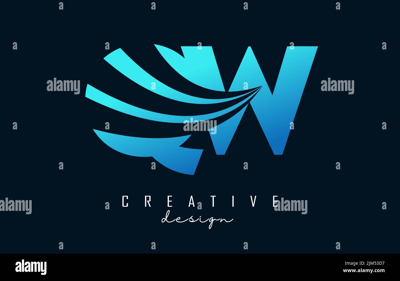 Creative blue letter QW q w logo with leading lines and road concept ...