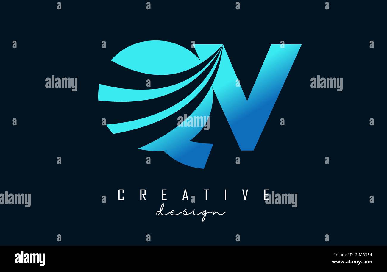 Creative blue letter QV q v logo with leading lines and road concept
