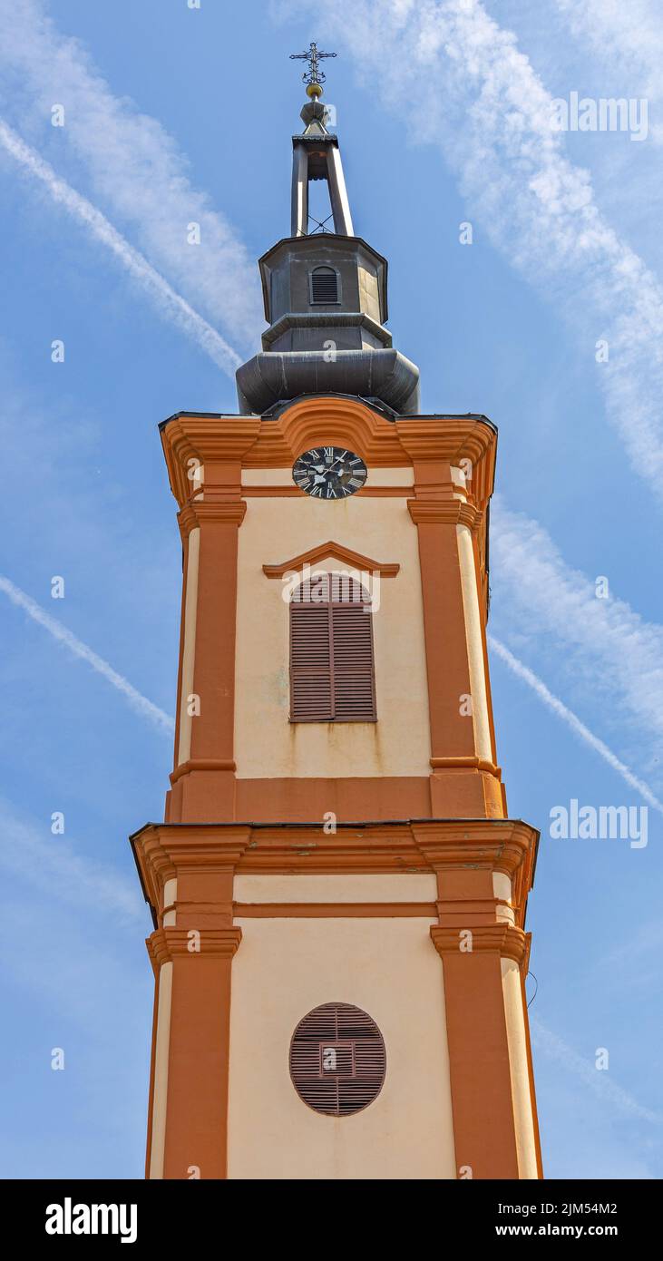 Bell Tower at Orthodox Church Presentation Most Holy Mother of God in Golubinci Stock Photo