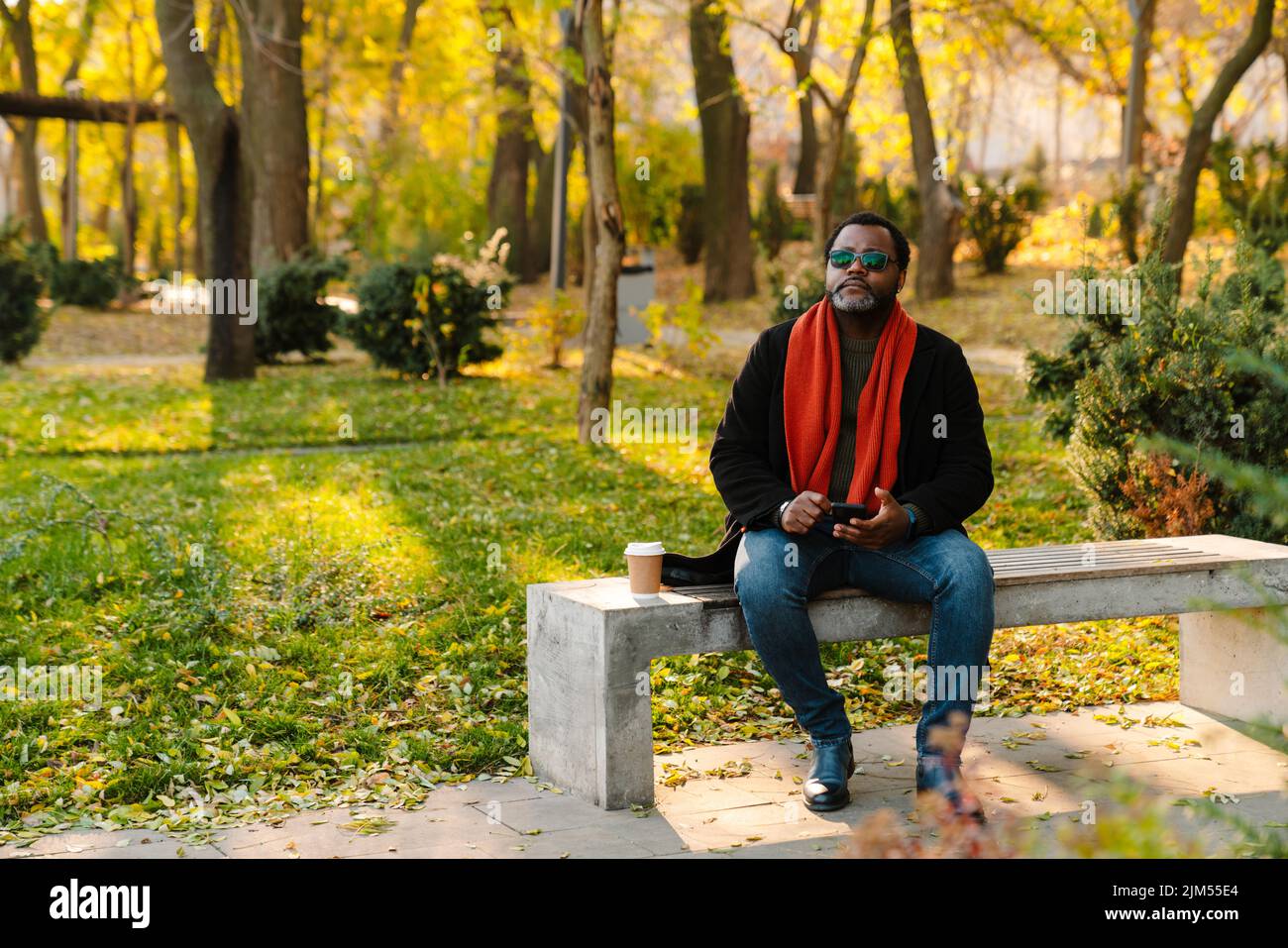 Black bearded man in sunglasses using cellphone while sitting on bench at park Stock Photo