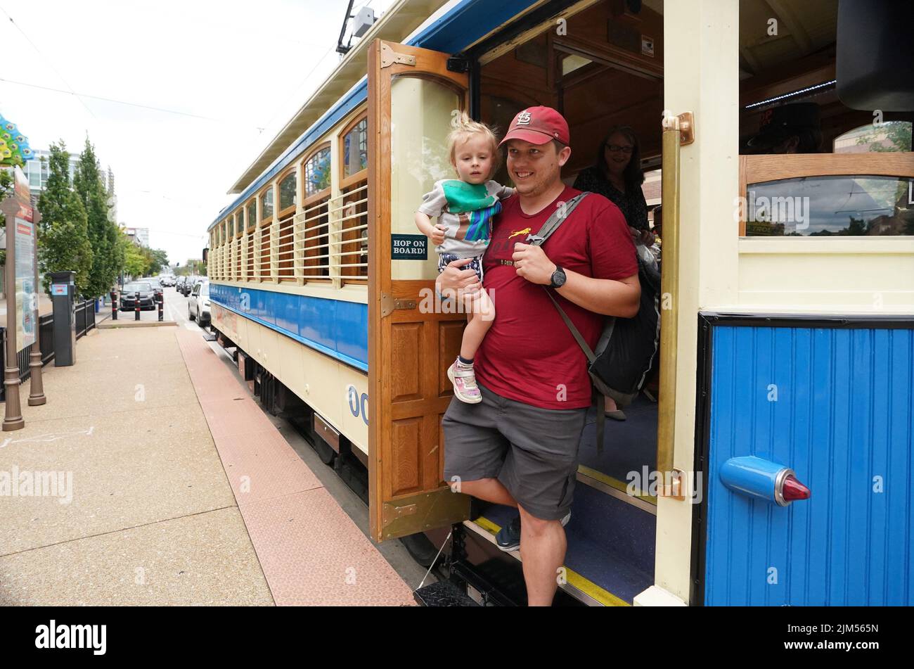 St. Louis, United States. 04th Aug, 2022. Passengers leave the Loop Trolley on its first day of operation in St. Louis on Thursday, August 4, 2022. The Loop Trolley is a 2.2-mile, 10-station streetcar line in the Delmar Loop area of greater St. Louis. The system operated from 2018 to 2019, then shut down when revenue fell short of projections. Federal officials said St. Louis would have to return millions of dollars of grant money if operation were not restarted. Photo by Bill Greenblatt/UPI Credit: UPI/Alamy Live News Stock Photo