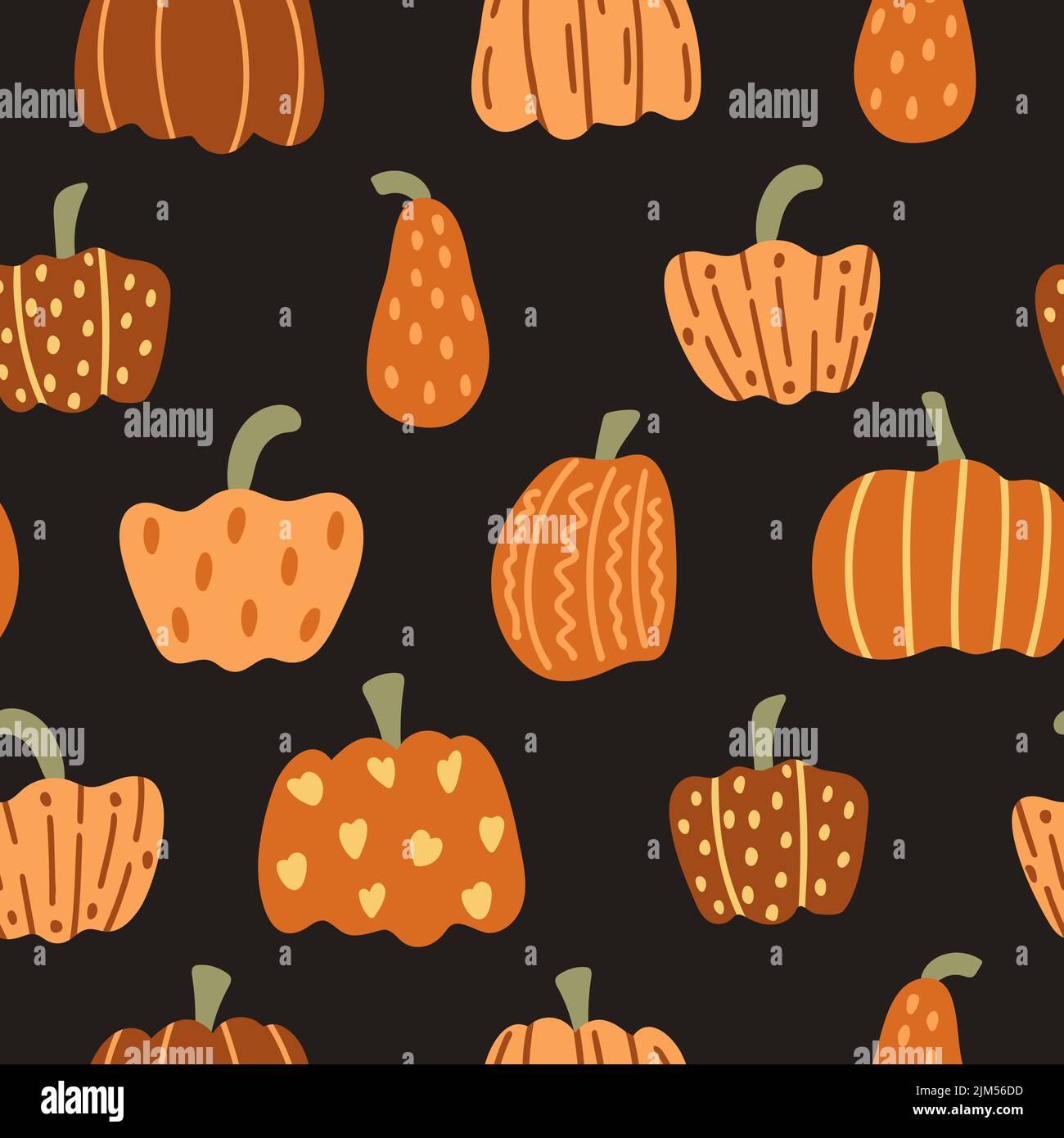 Pumpkins on dark background seamless pattern. Autumn vegetables print. Set varied orange and de Stock Vector