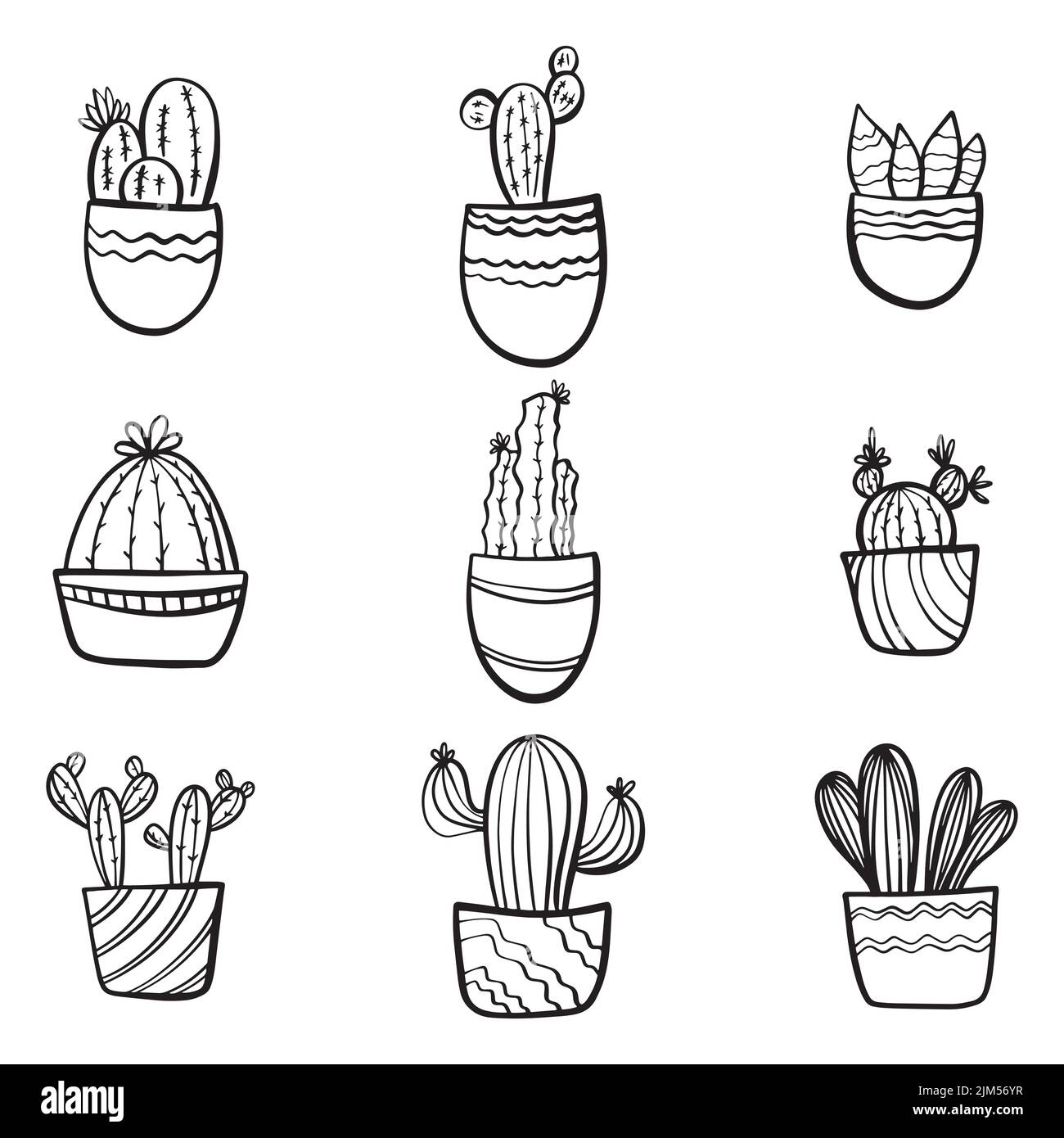 Set of Cute hand drawn vector cactuses in the pots. Simplere vector ...